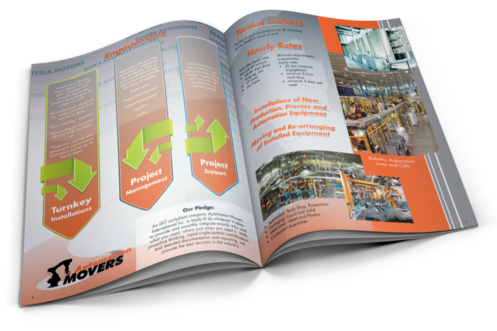 Open brochure booklet showing professional print design layout with project sections and imagery